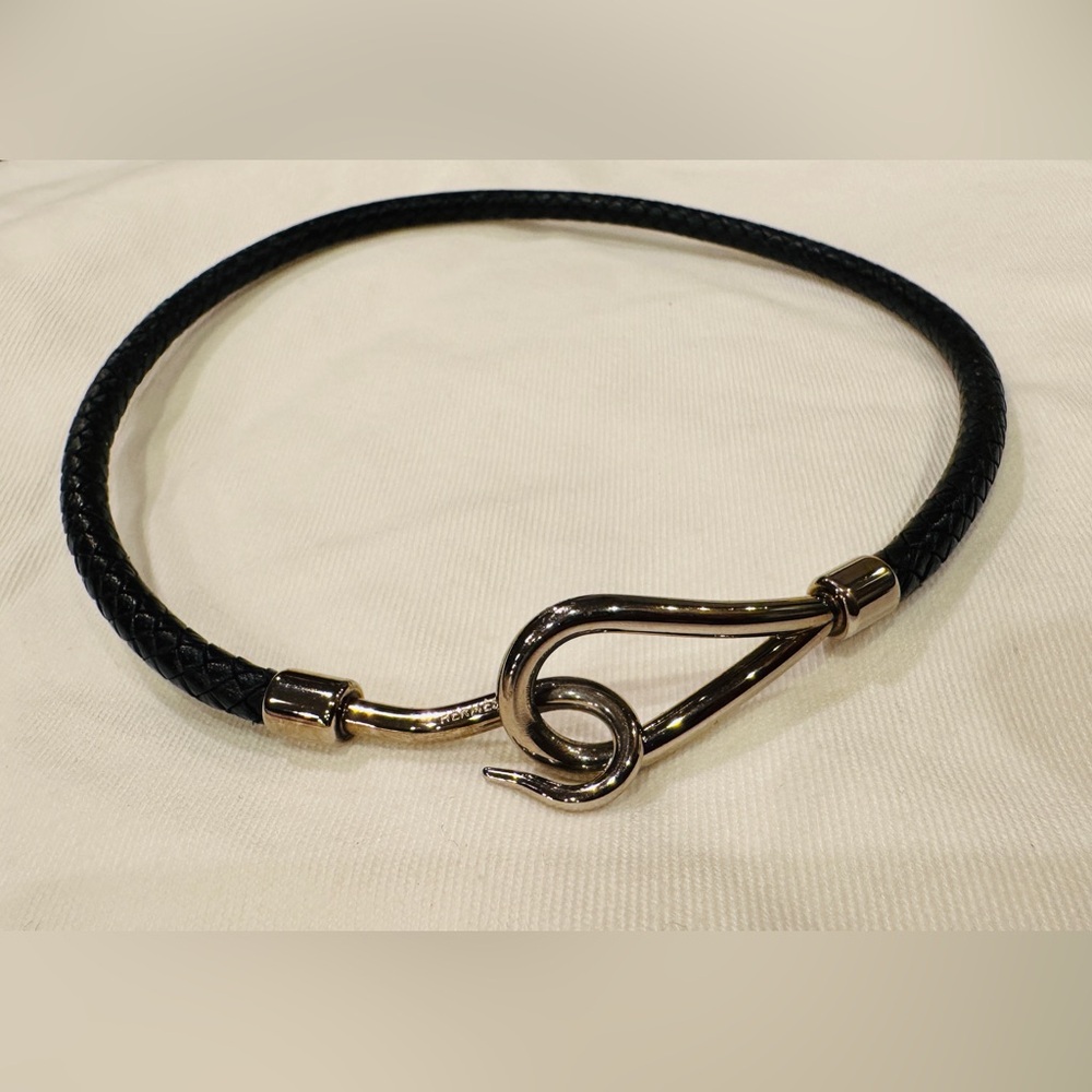 Hermes Sterling Jumbo Black Braided Leather Choker /Bracelet (15 inches)